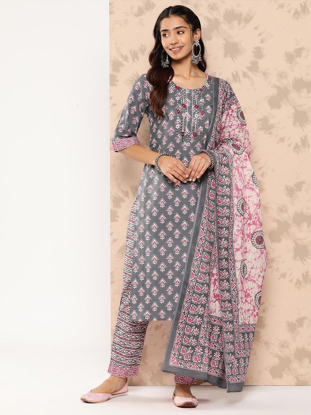 libas ethnic motifs printed mirror work pure cotton kurta with trousers & with dupatta