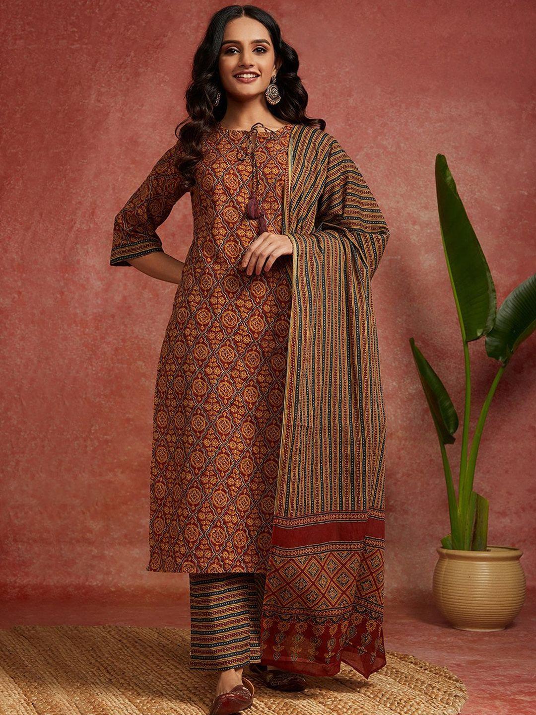 libas ethnic motifs printed regular pure cotton kurta with trousers & dupatta