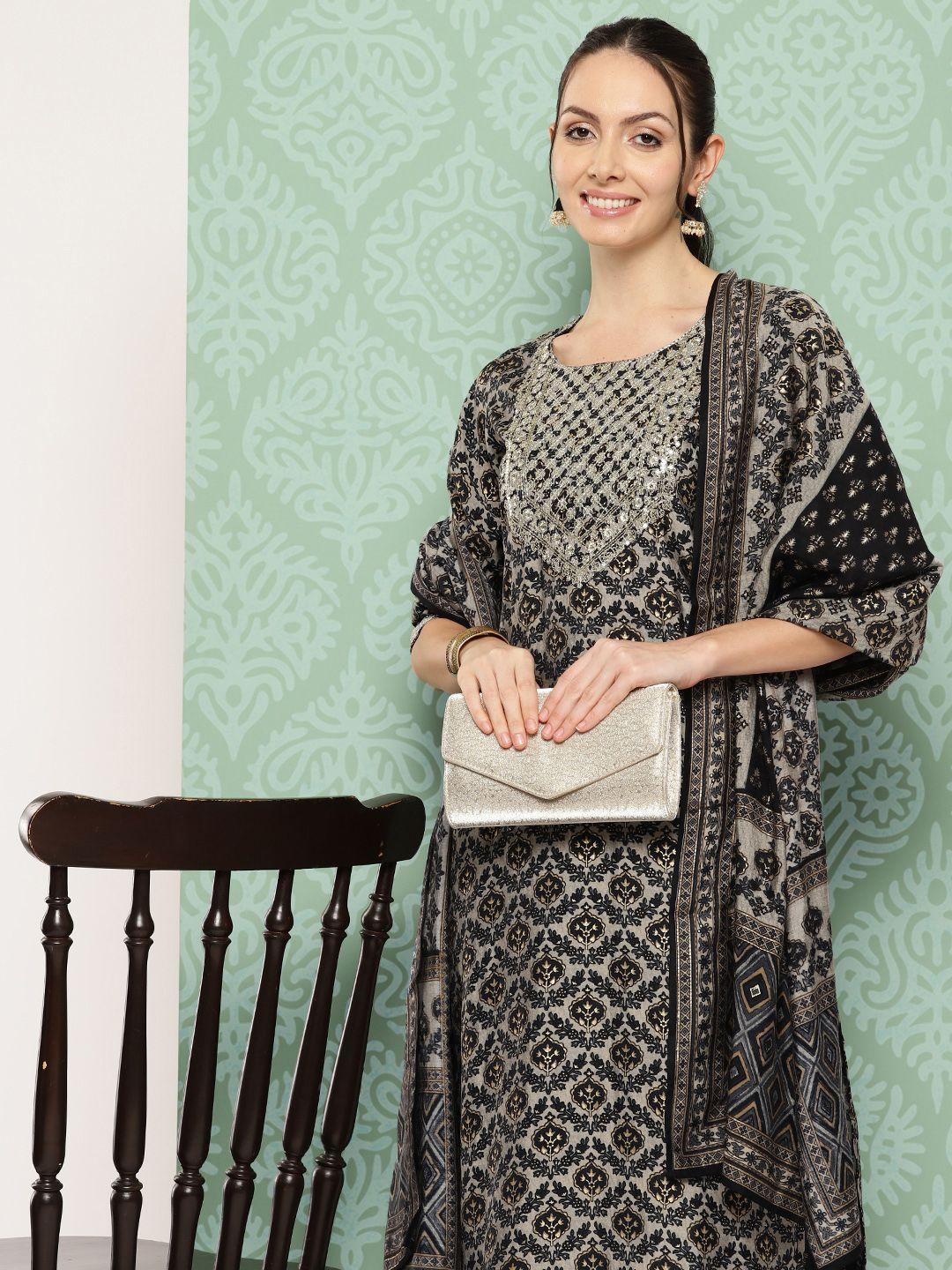 libas ethnic motifs printed thread work detail straight kurta with trousers & dupatta