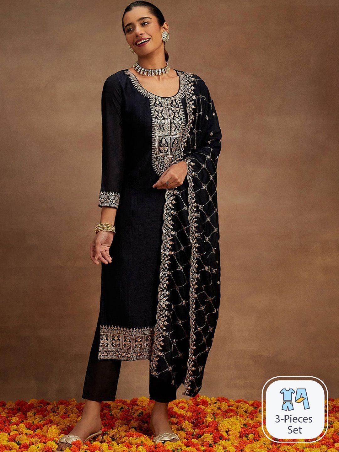 libas ethnic motifs yoke design regular sequinned kurta with trousers & dupatta