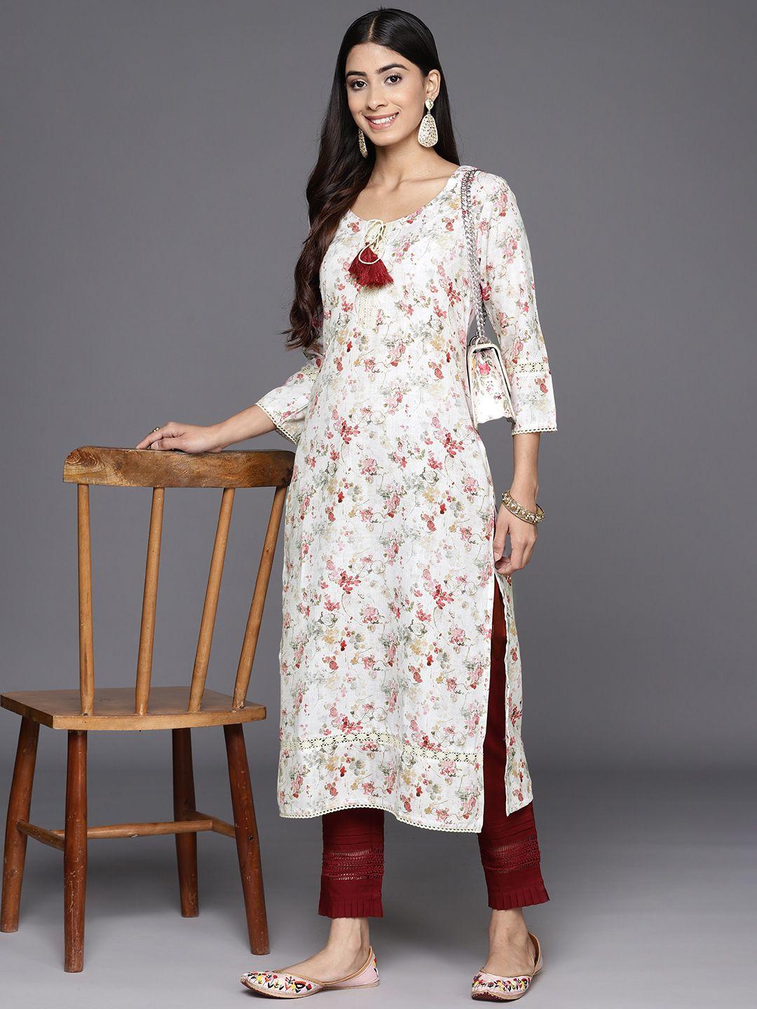 libas floral embellished sequinned tie-up neck pure cotton kurta