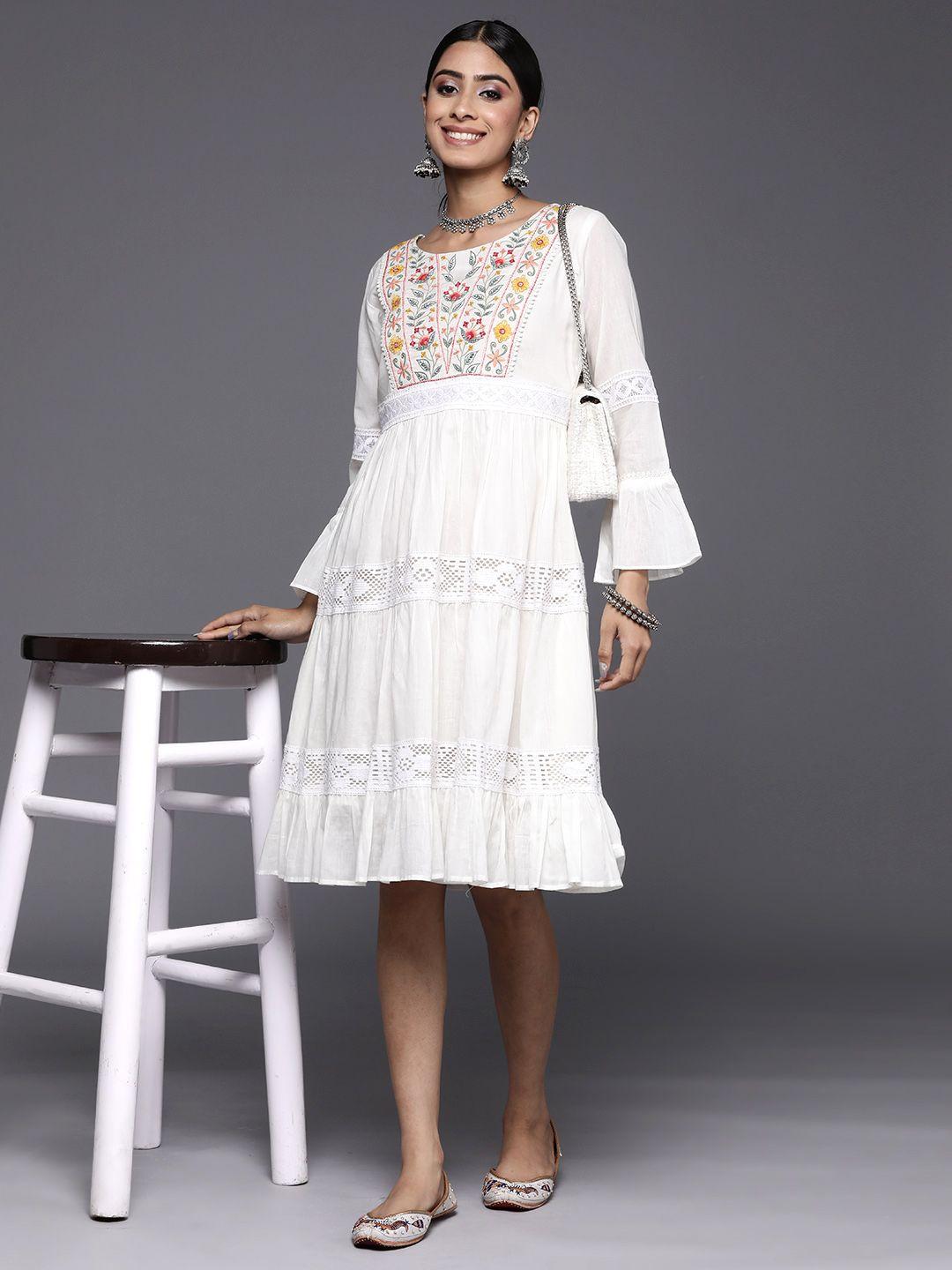 libas floral embroidered bell sleeve fit & flare cotton midi dress