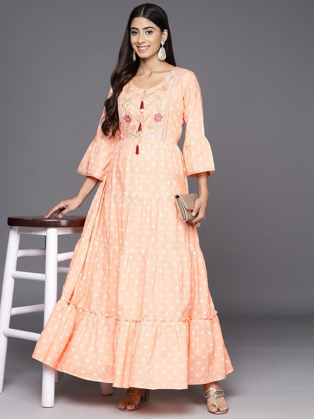 libas floral embroidered bell sleeves fit & flare maxi ethnic dress