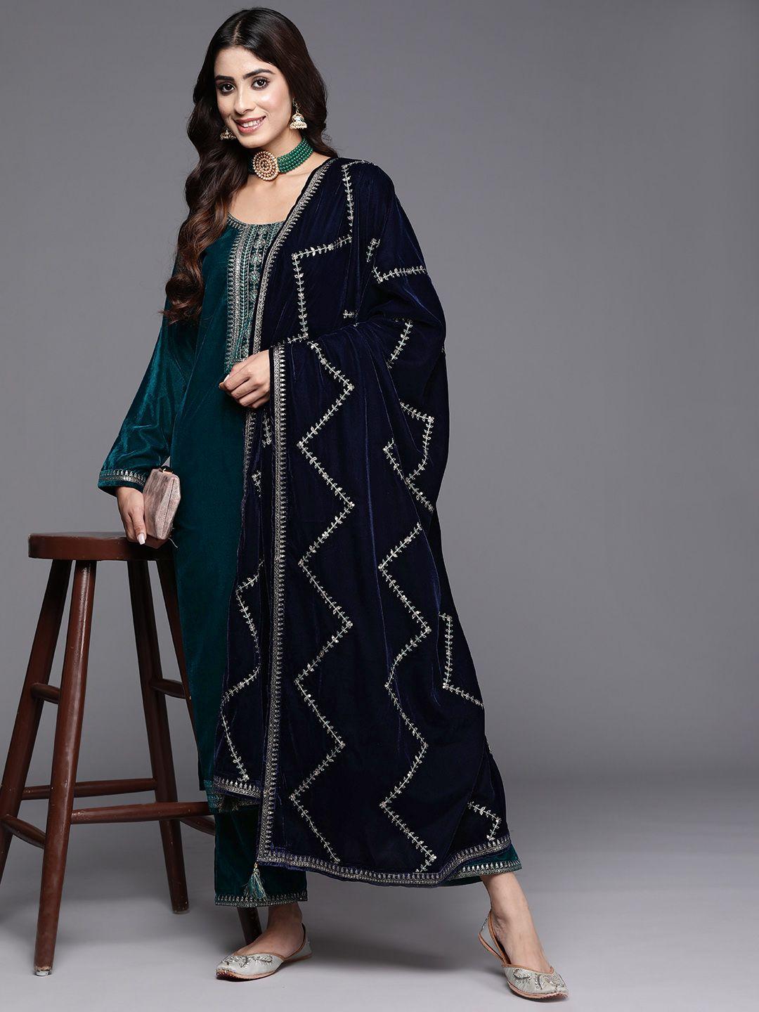 libas floral embroidered regular sequinned velvet kurta with trousers & dupatta