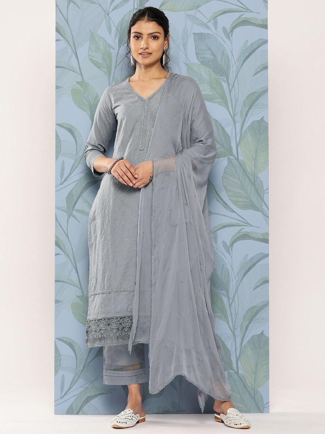 libas floral embroidered regular thread work pure cotton kurta with trousers & dupatta