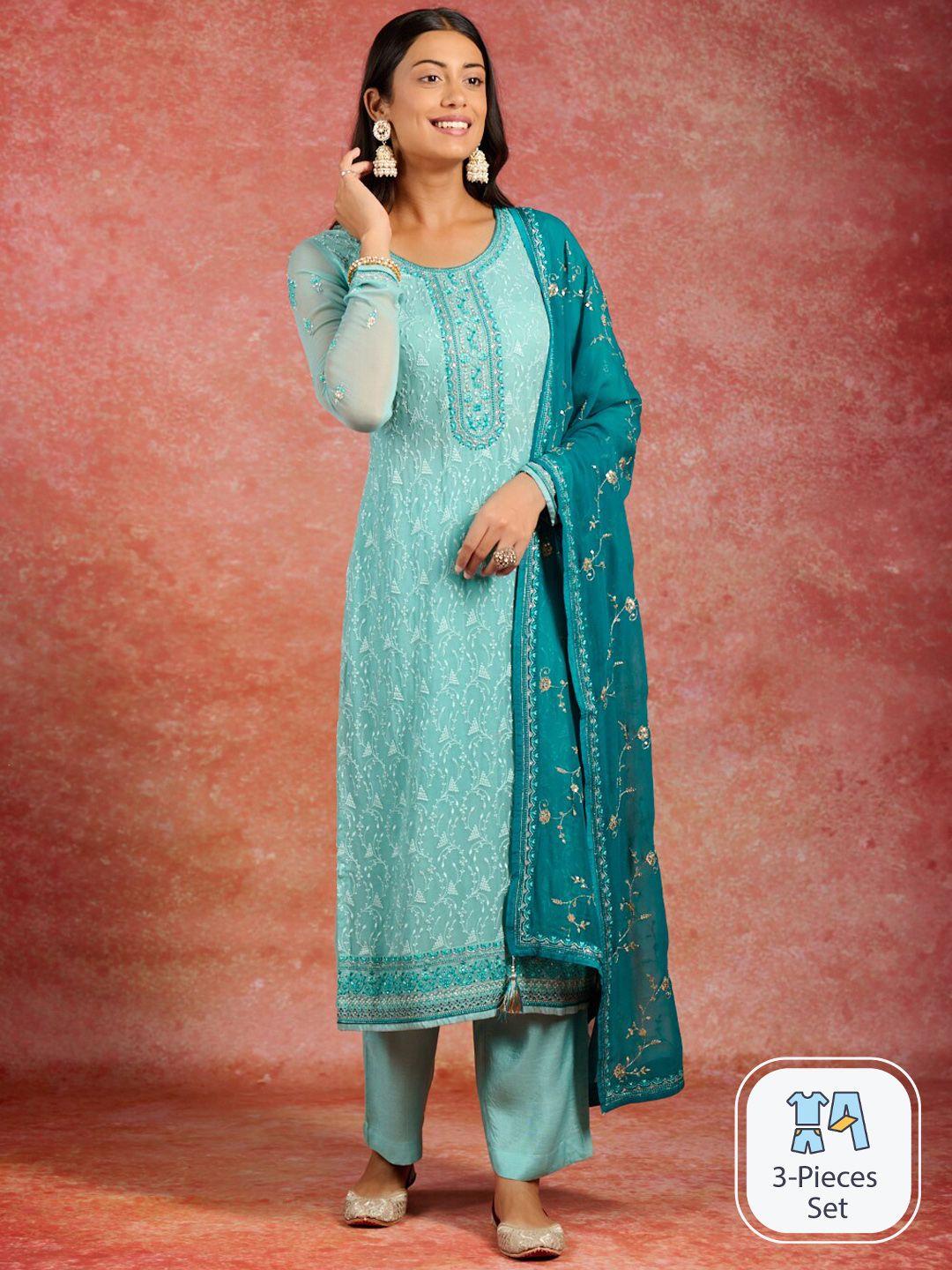 libas floral embroidered thread work straight kurta & trousers with dupatta