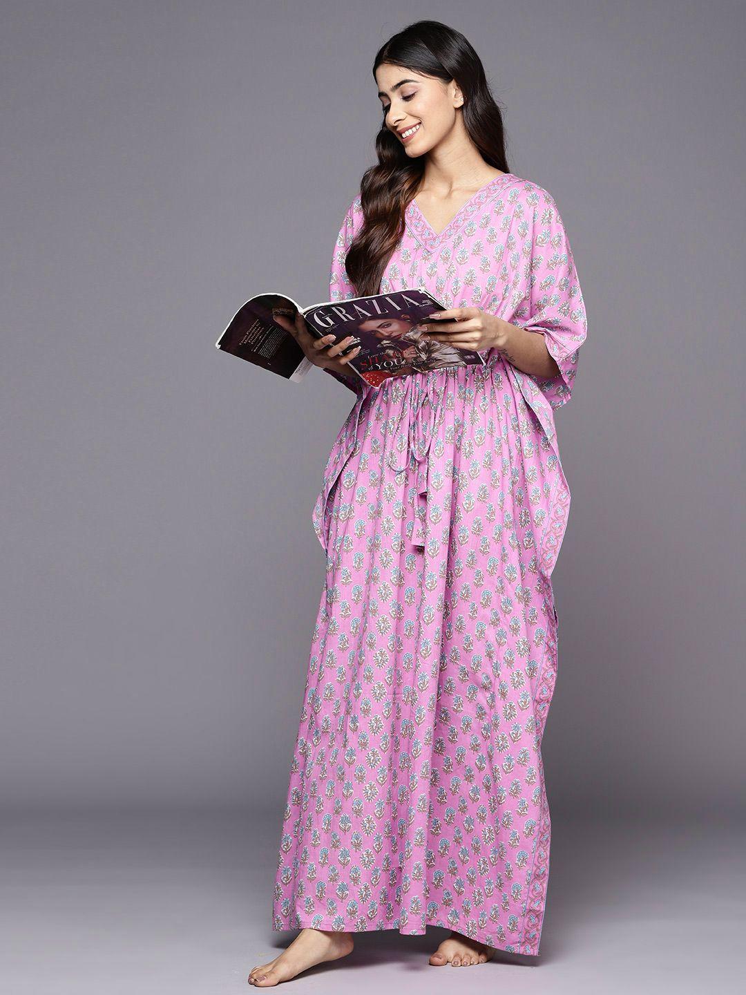 libas floral motifs printed pure cotton maxi kaftan nightdress