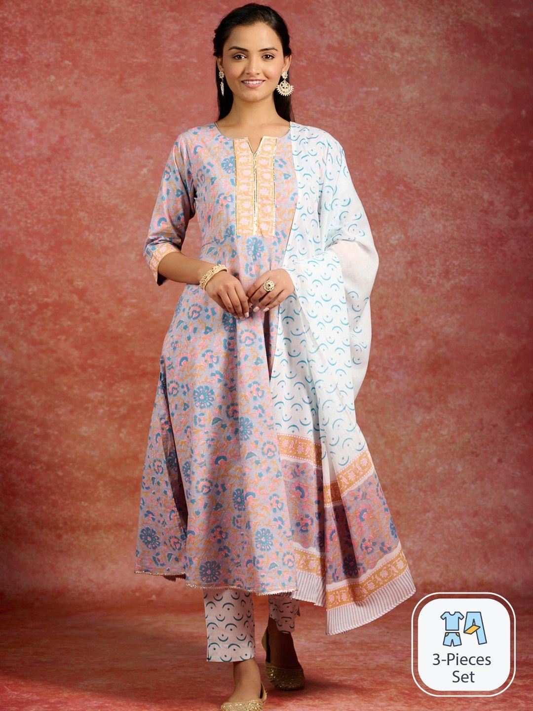 libas floral printed empire gotta patti pure cotton kurta with trousers & dupatta