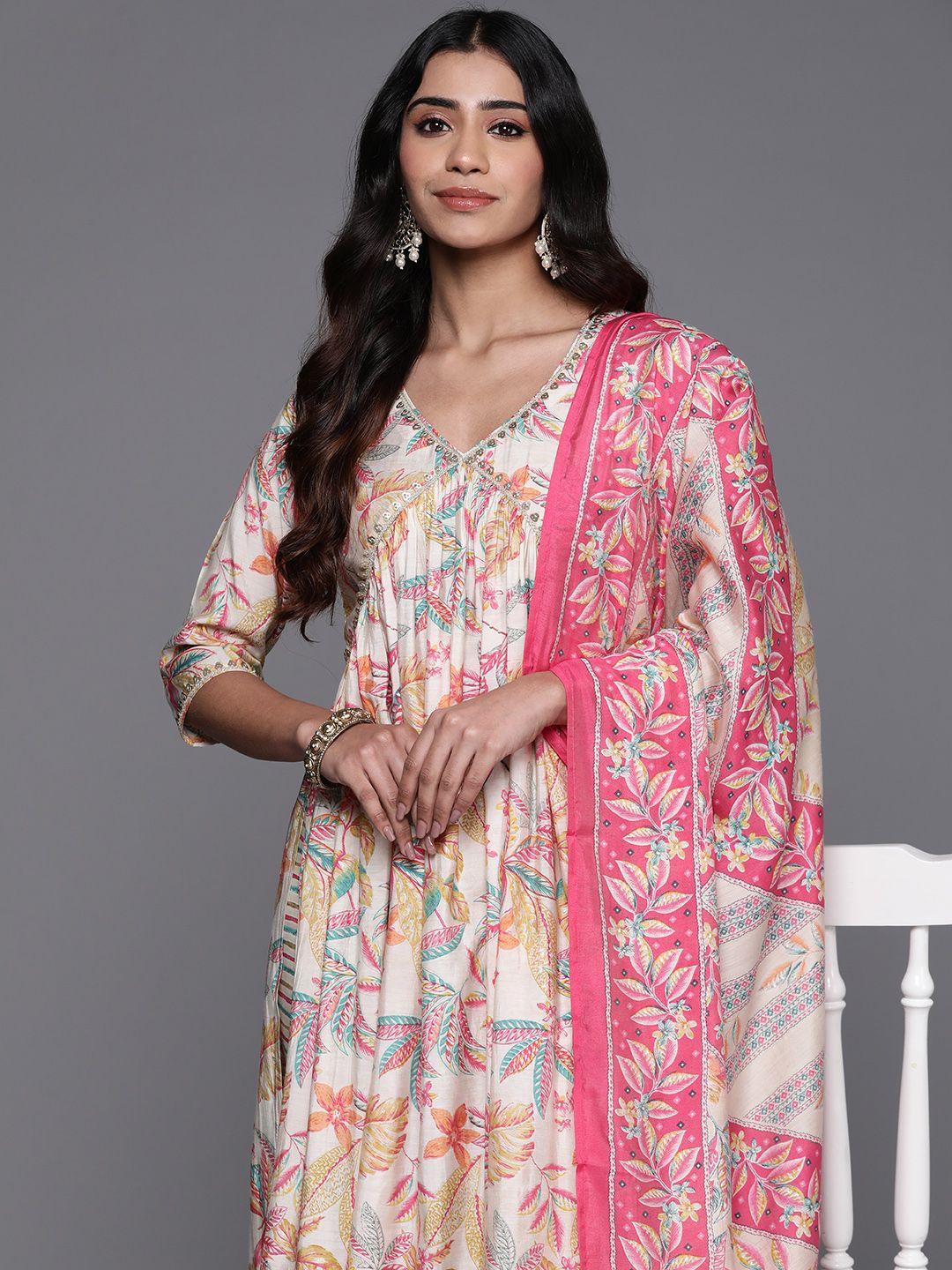 libas floral printed empire sequinned kurta with trousers & dupatta