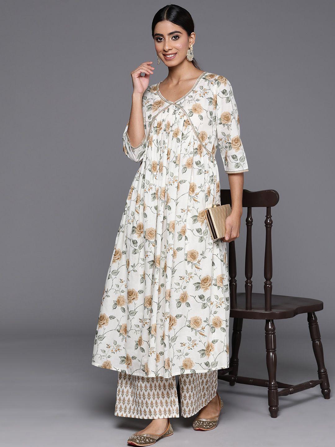 libas floral printed empire zari pure cotton kurta with palazzos