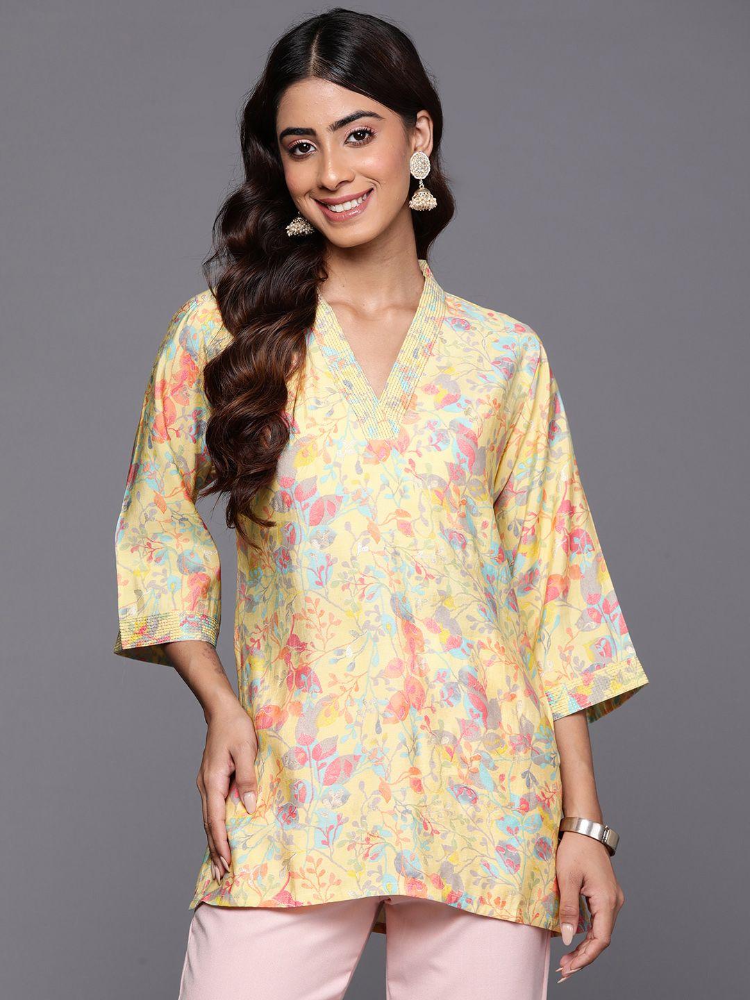 libas floral printed flared sleeves zari kurti