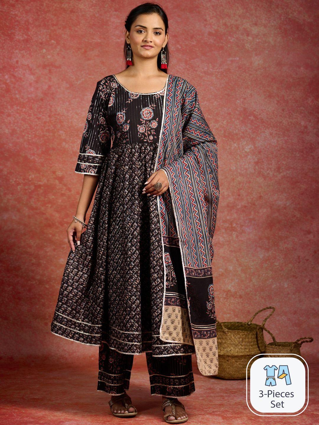 libas floral printed gotta patti pure cotton anarkali kurta & palazzos with dupatta