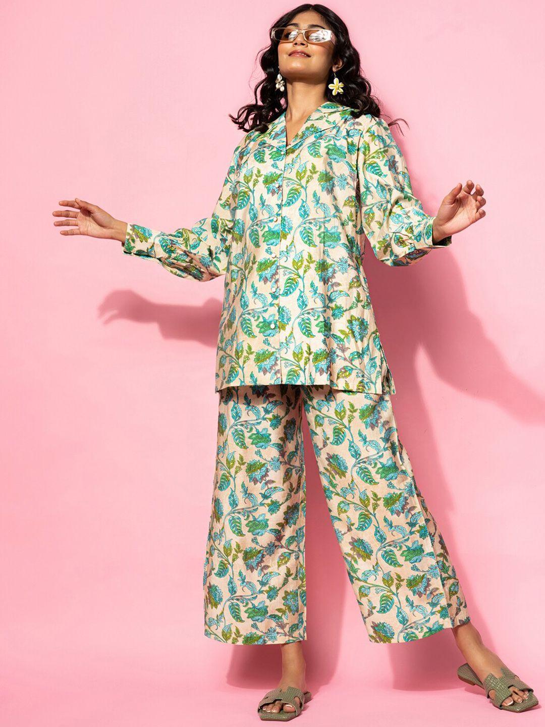 libas floral printed longline shirt with palazzos