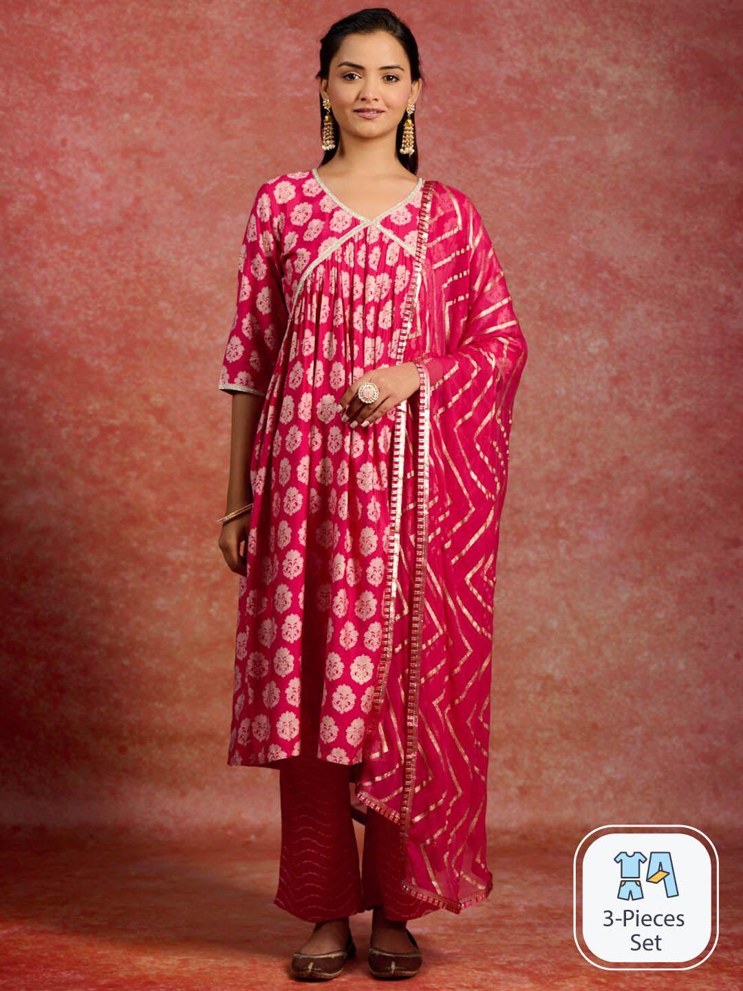 libas floral printed pleated a-line kurta with trousers & dupatta