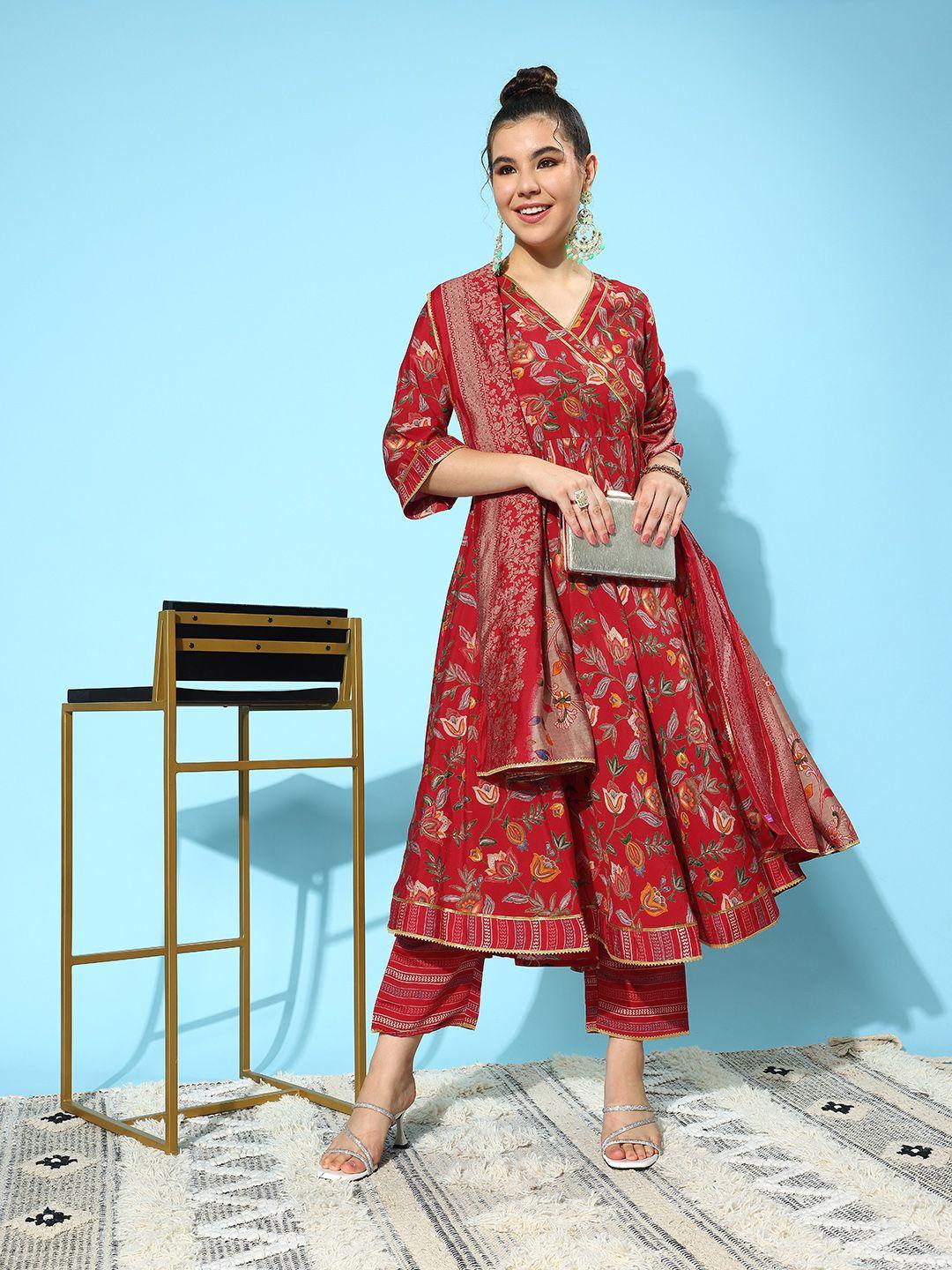 libas floral printed pleated gotta patti kurta with trousers & dupatta