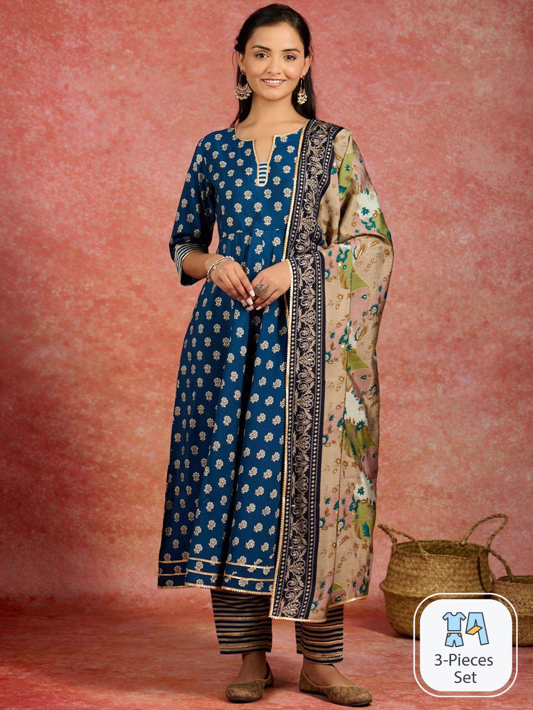 libas floral printed pleated gotta patti kurta with trousers & dupatta