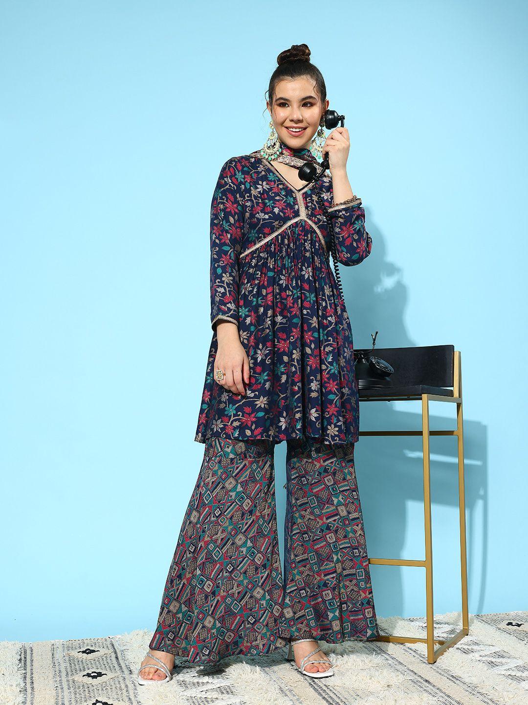 libas floral printed pleated gotta patti kurti with sharara & dupatta