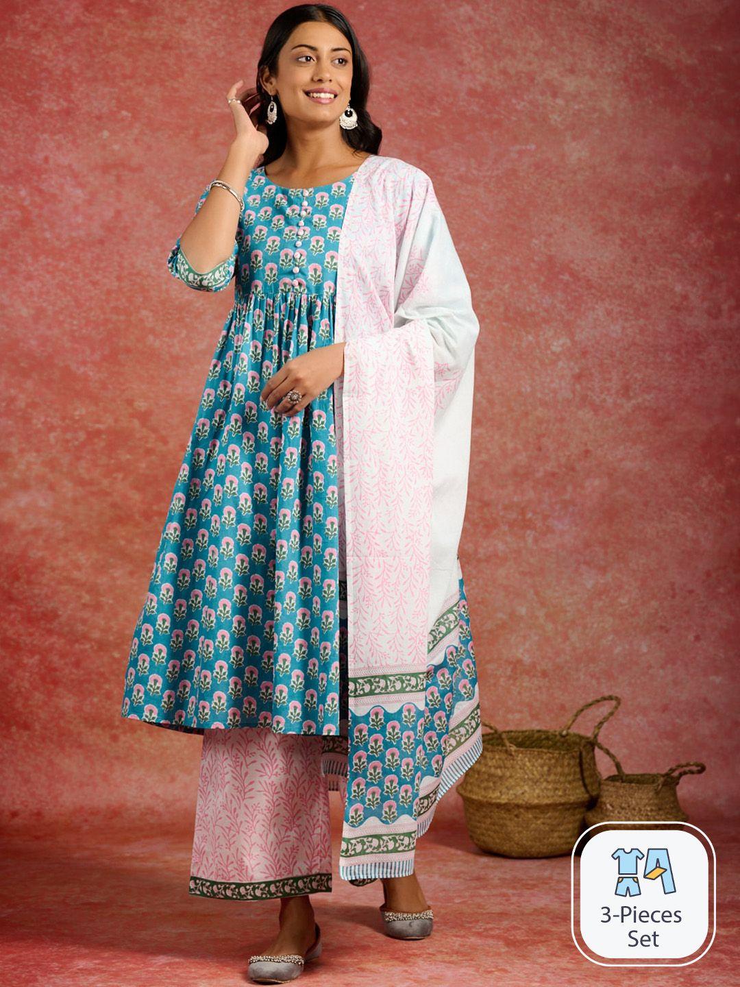 libas floral printed pleated pure cotton kurta with palazzos & dupatta