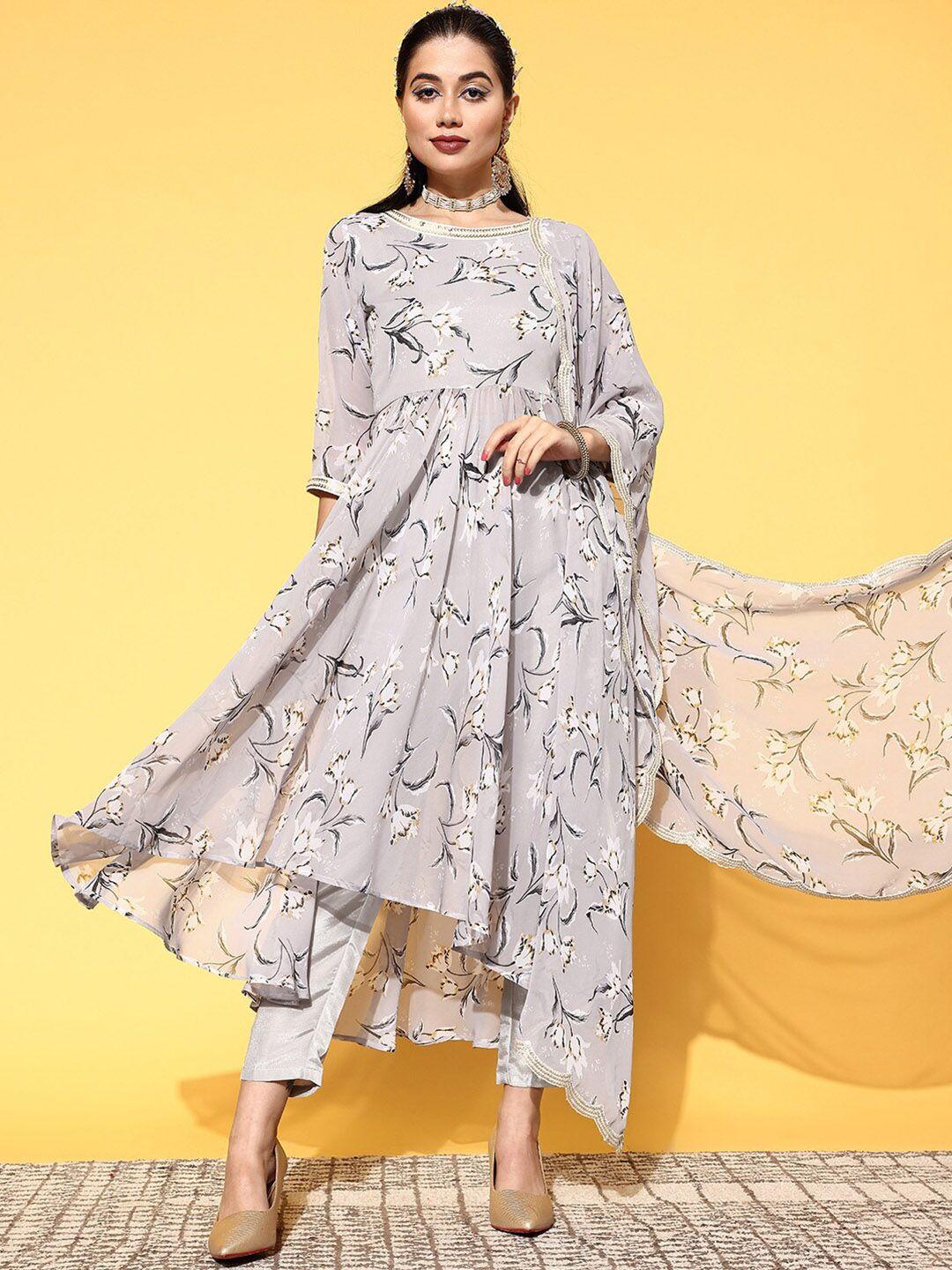 libas floral printed pleated sequinned kurta with trousers & dupatta