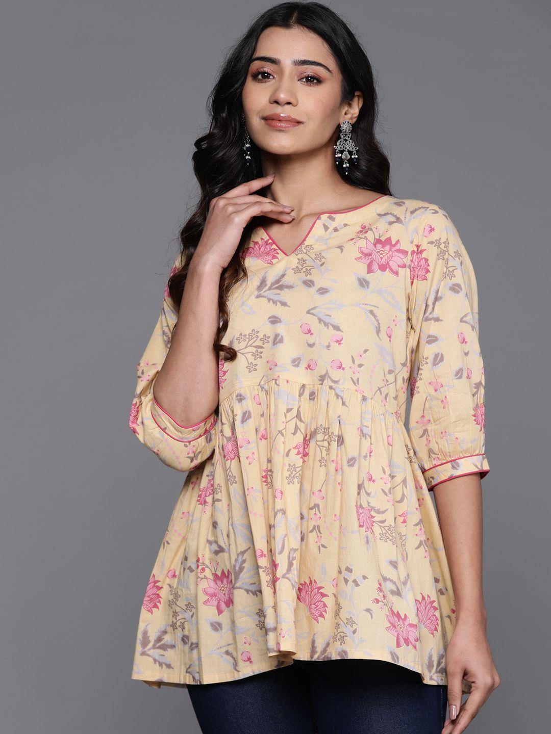 libas floral printed puff sleeves pure cotton pleated kurti