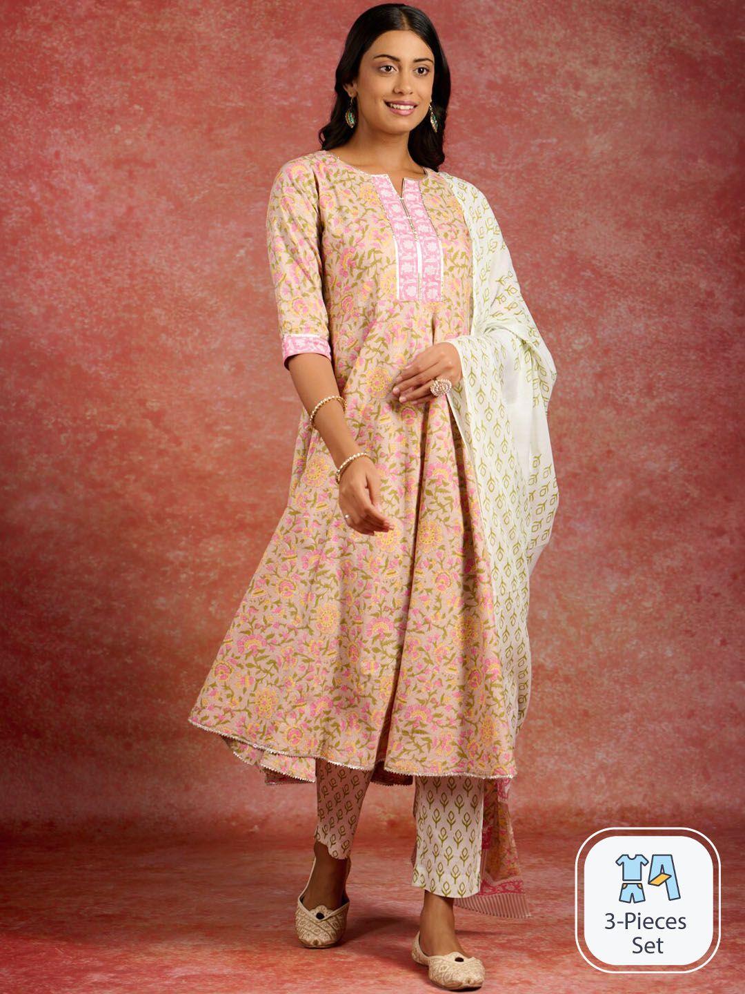 libas floral printed pure cotton anarkali kurta & trousers with dupatta