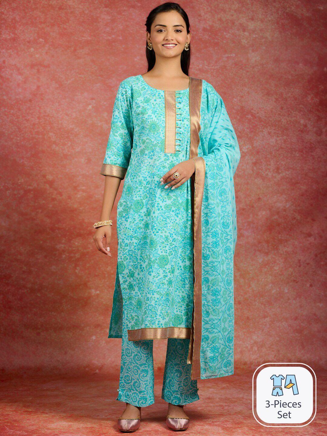 libas floral printed pure cotton straiht kurta with trousers & dupatta