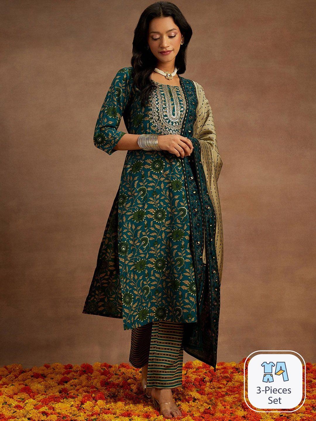 libas floral printed regular sequinned kurta & trousers with dupatta