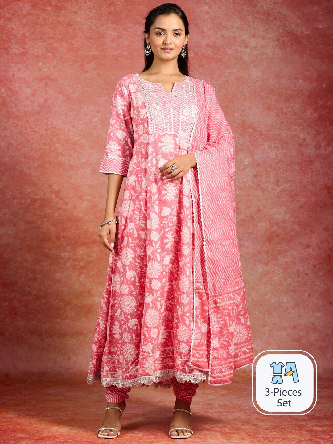 libas floral printed sequinned pure cotton anarkali kurta & churidar with dupatta