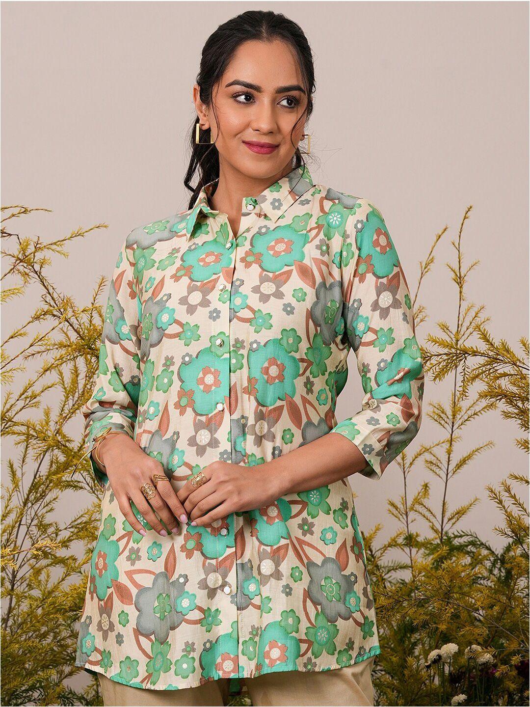 libas floral printed shirt collar panelled kurti