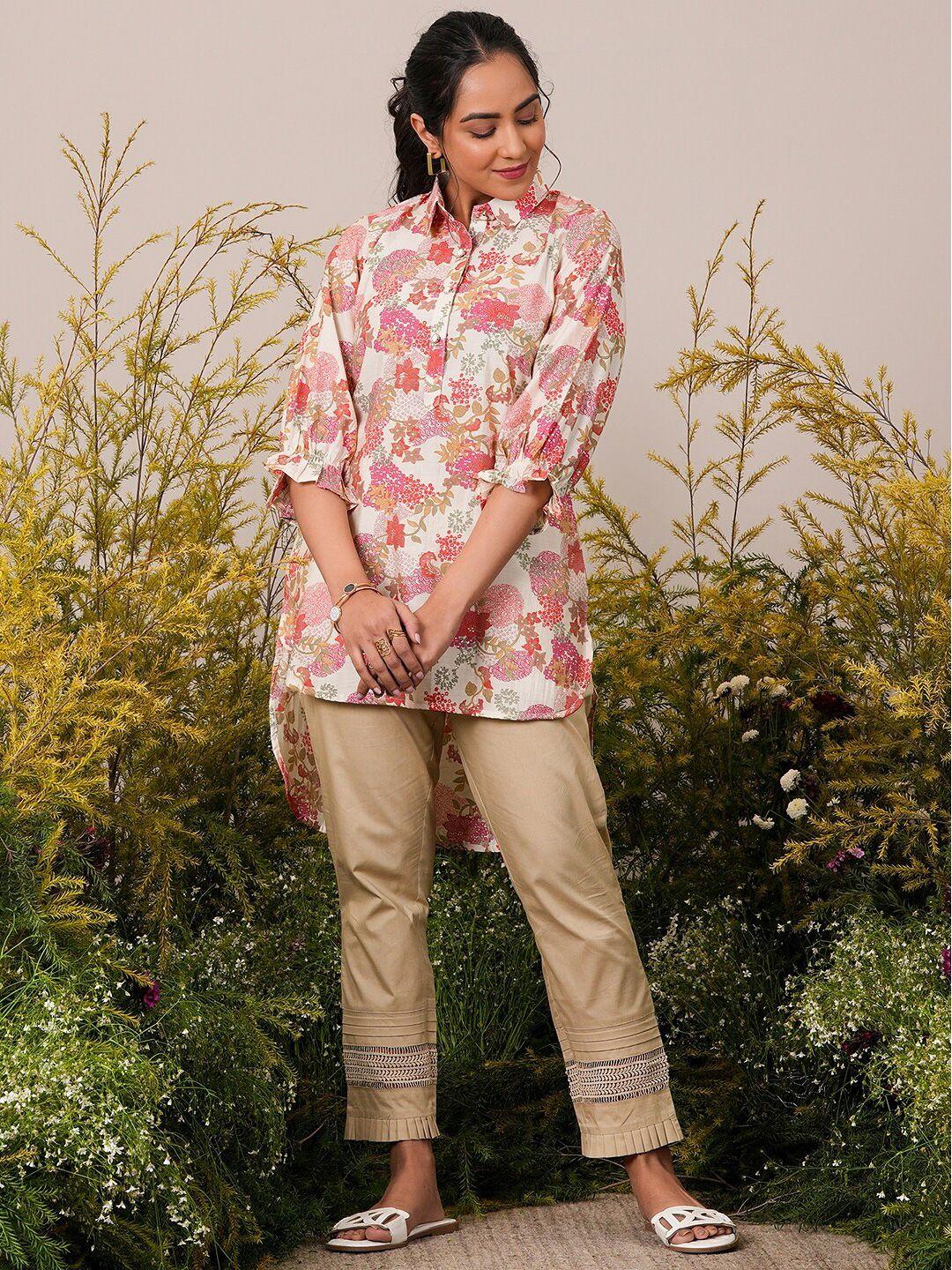 libas floral printed shirt collar pathani kurti