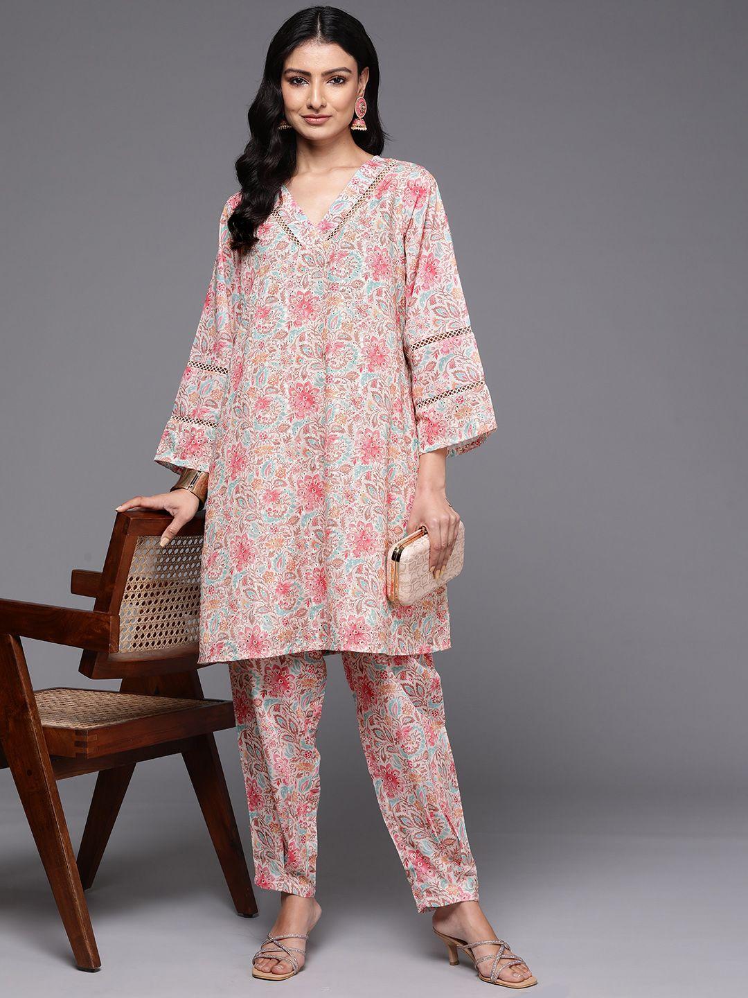 libas floral printed thread work pure cotton kurta with trousers