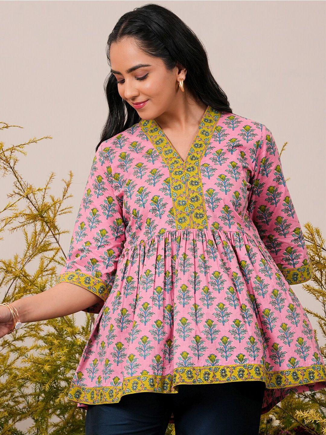 libas floral printed v-neck flared sleeves pure cotton pleated kurti