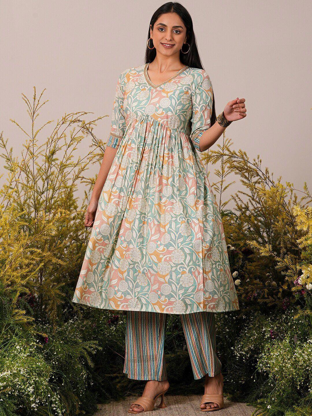 libas floral printed v-neck pleated gotta patti kurta with palazzos