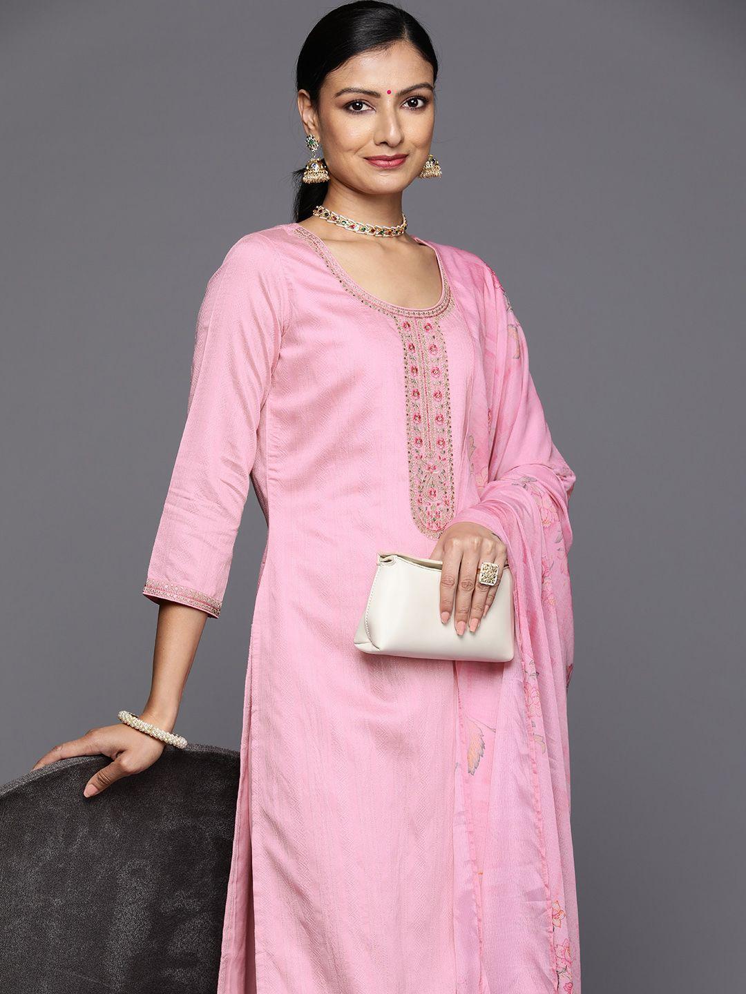 libas floral sequinned dobby kurta with trousers & dupatta