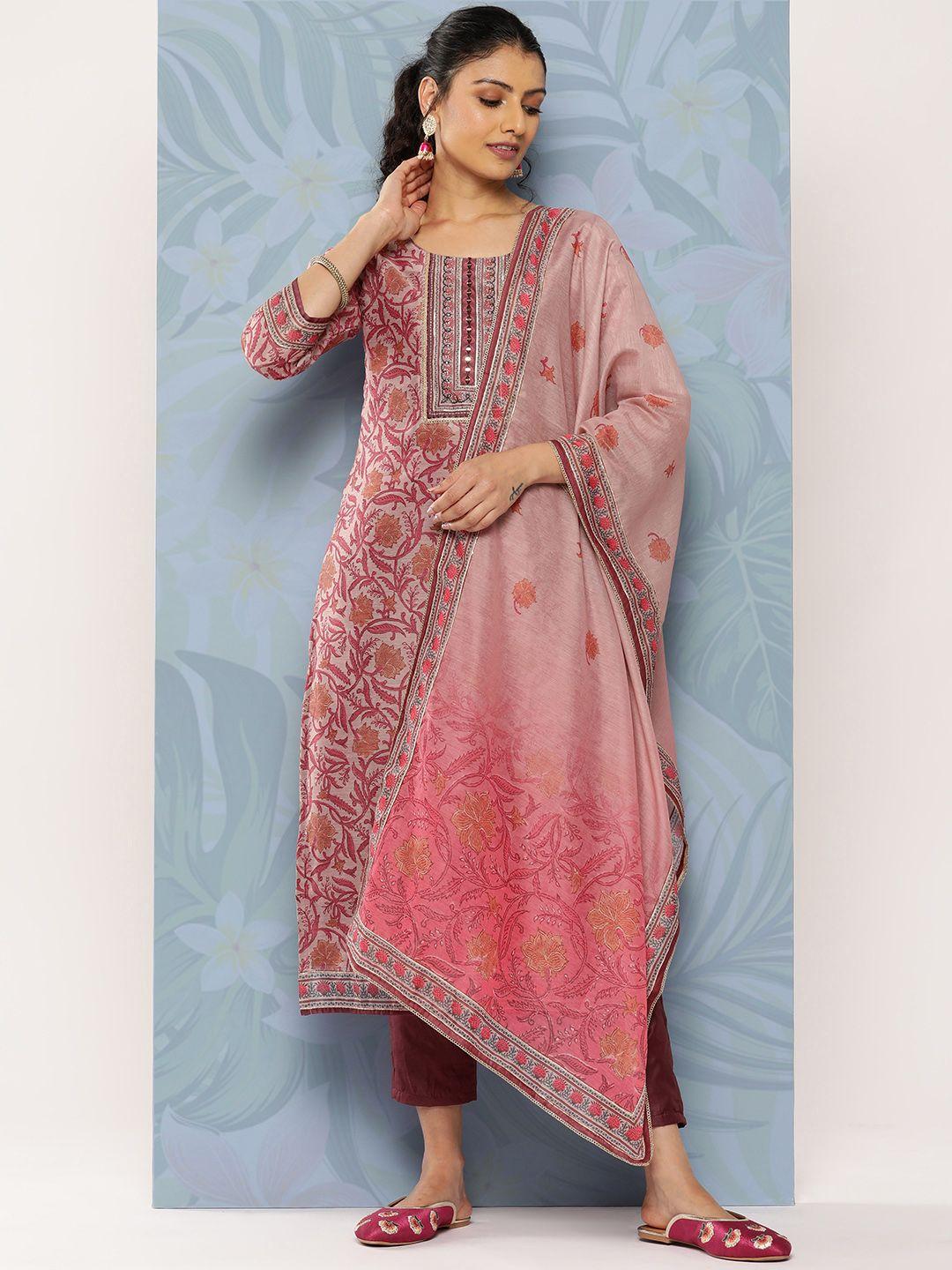 libas floral yoke design regular mirror work kurta with trousers & with dupatta