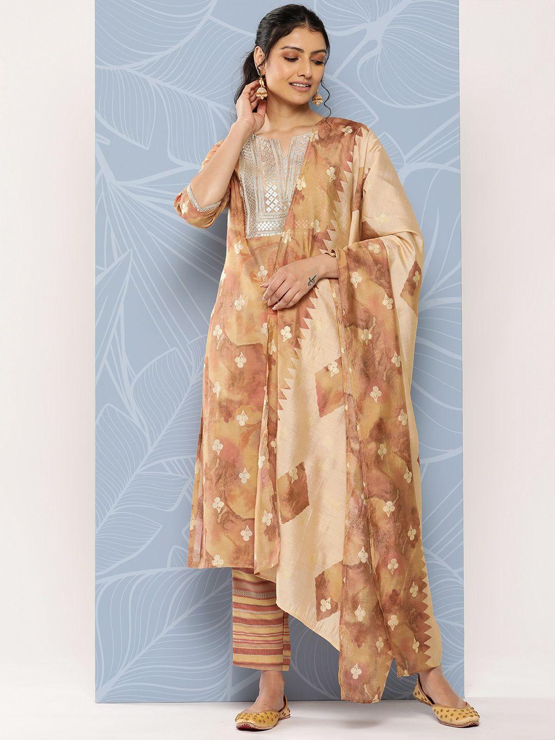 libas floral yoke design regular sequinned kurta with trousers & dupatta