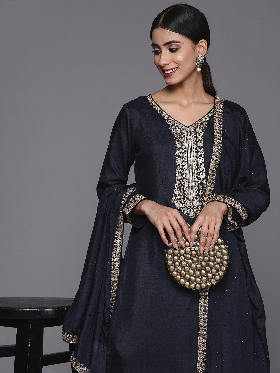 libas floral yoke design zari kurta with trousers & dupatta