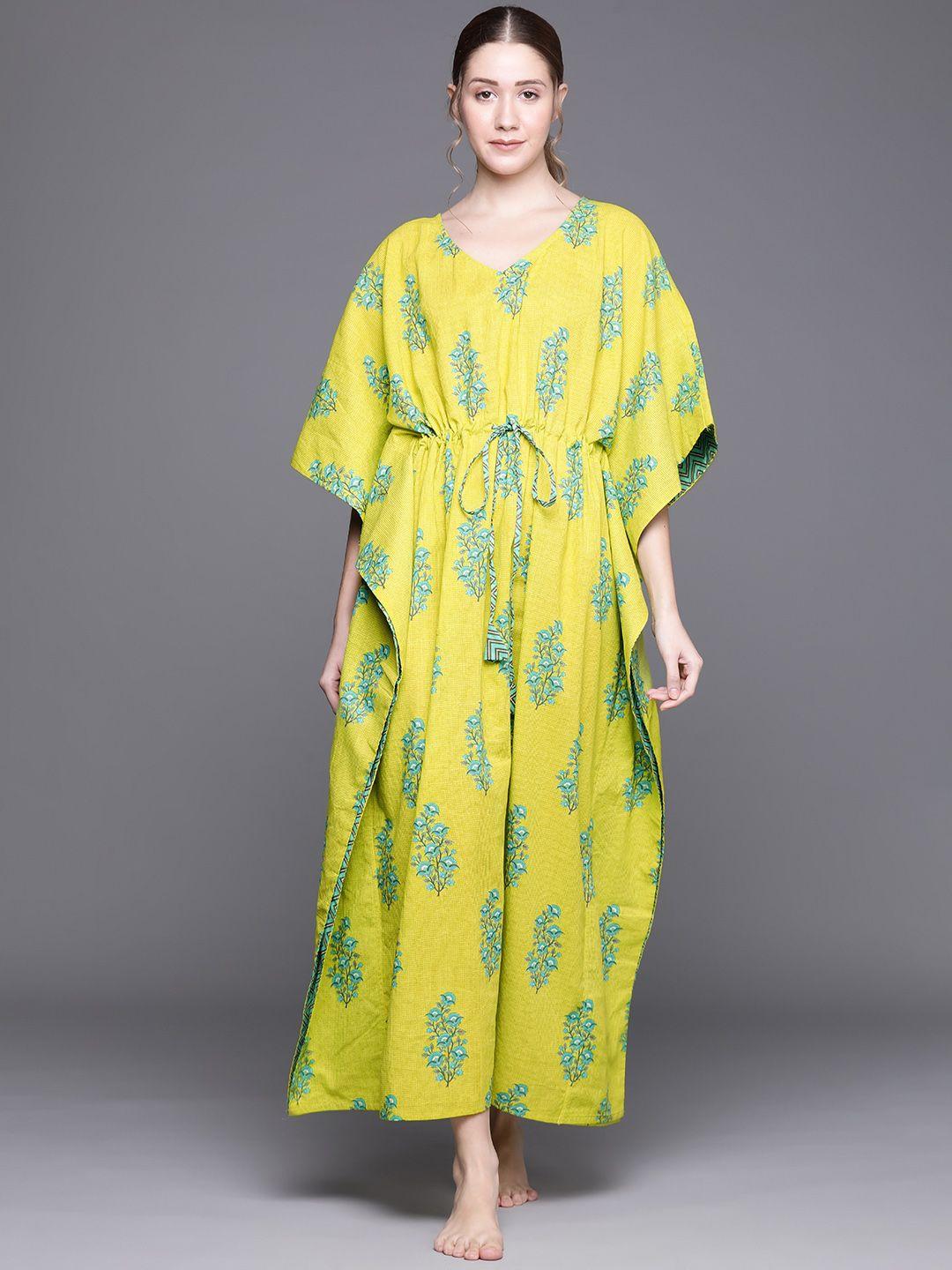 libas green cotton printed kaftan night dress