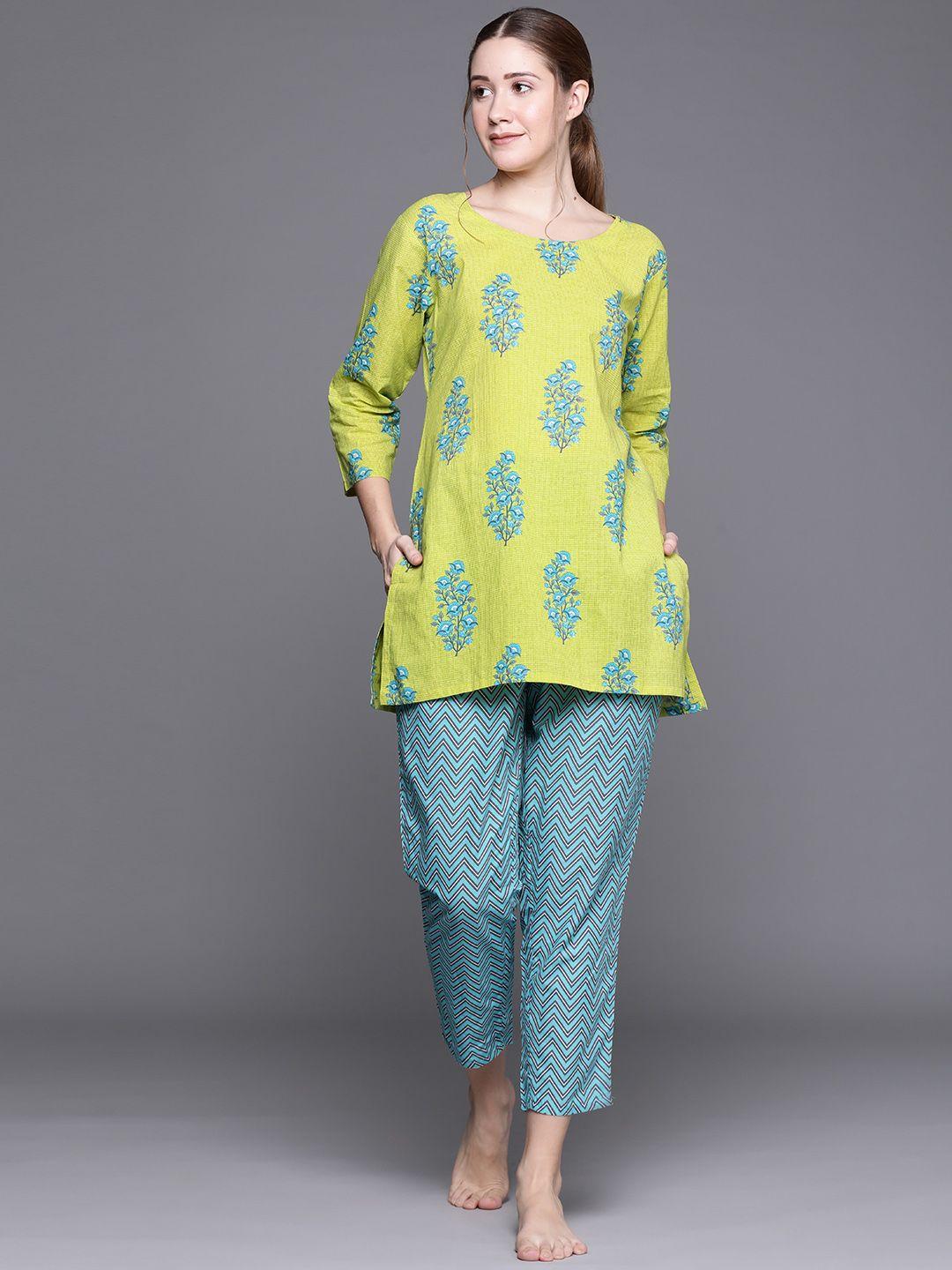 libas green cotton printed kurti and blue cotton printed pyjamas with both side pocked