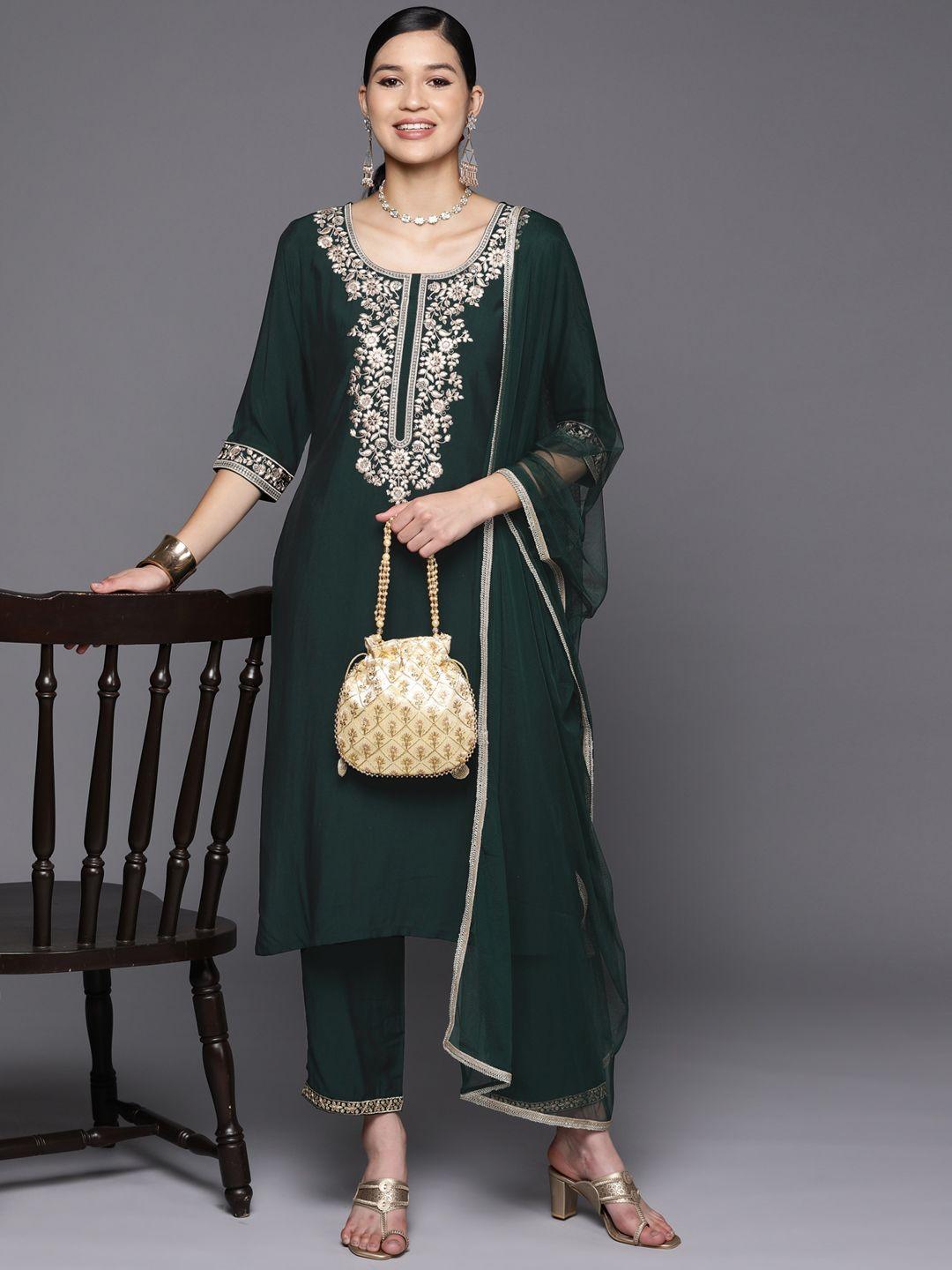 libas green floral yoke design kurta with trousers & with dupatta