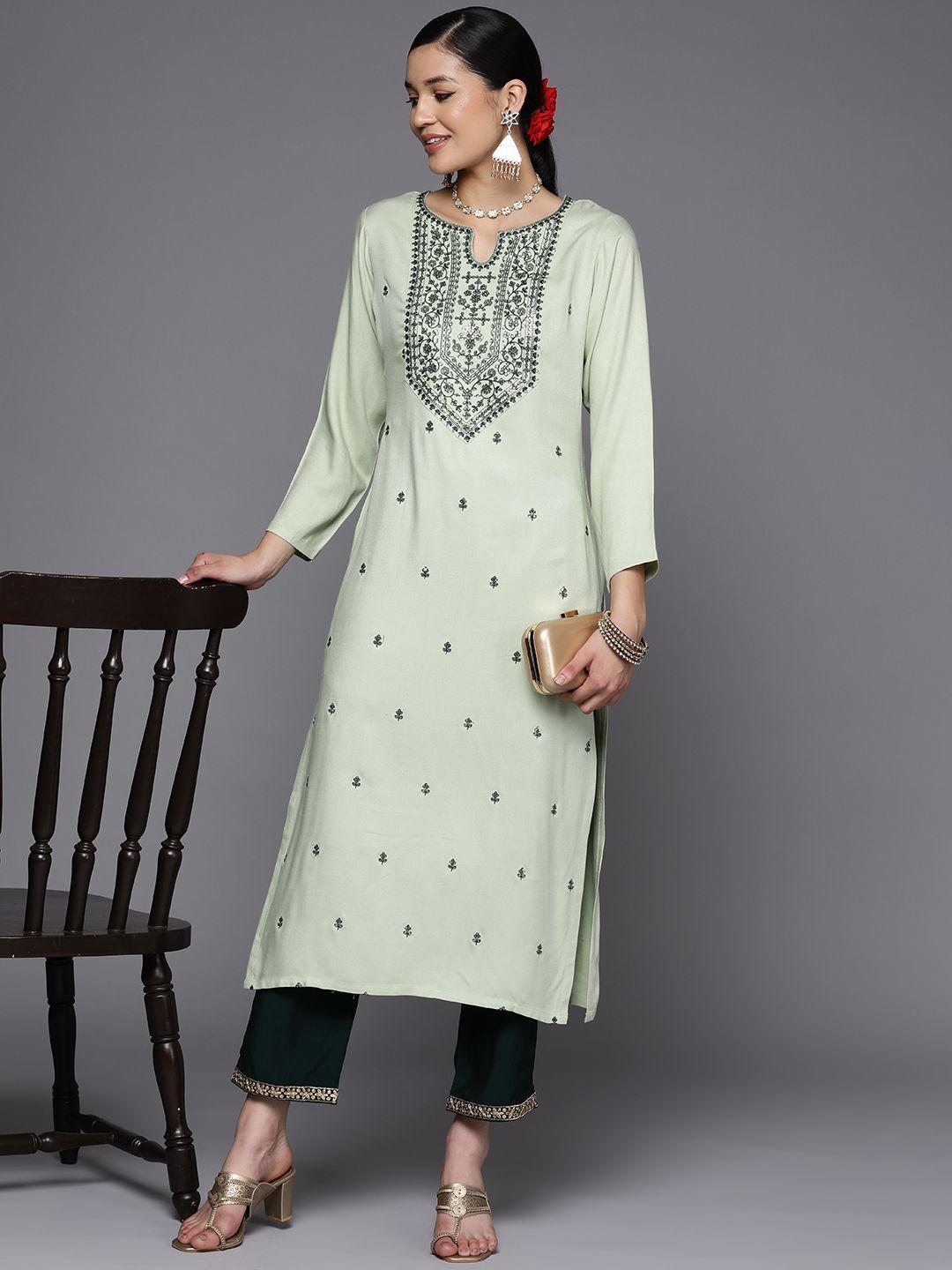 libas green pashmina wool floral sequins embroidered yoke detail straight kurta