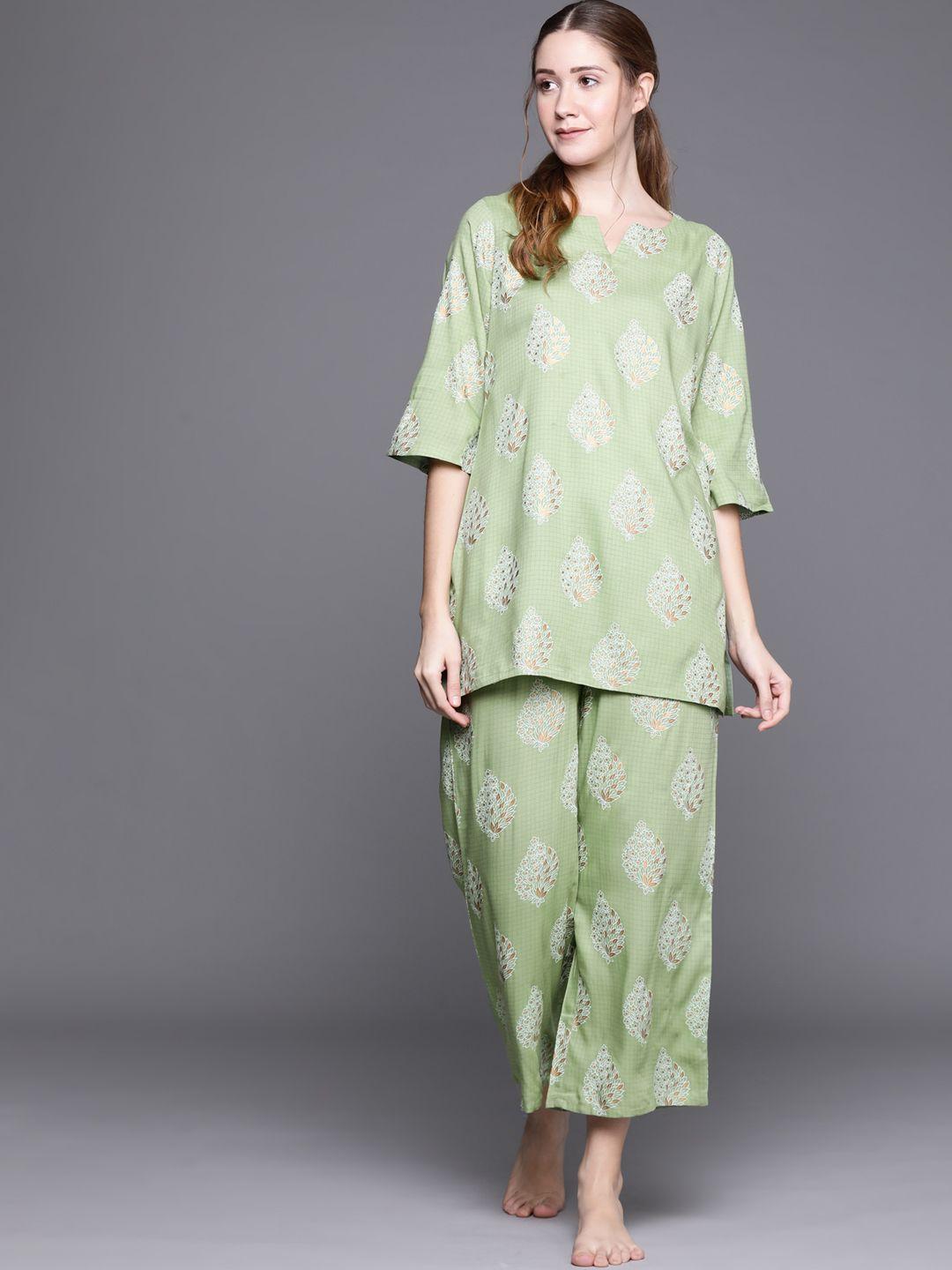 libas green viscose rayon night kurti and green viscose rayon printed pyjamas