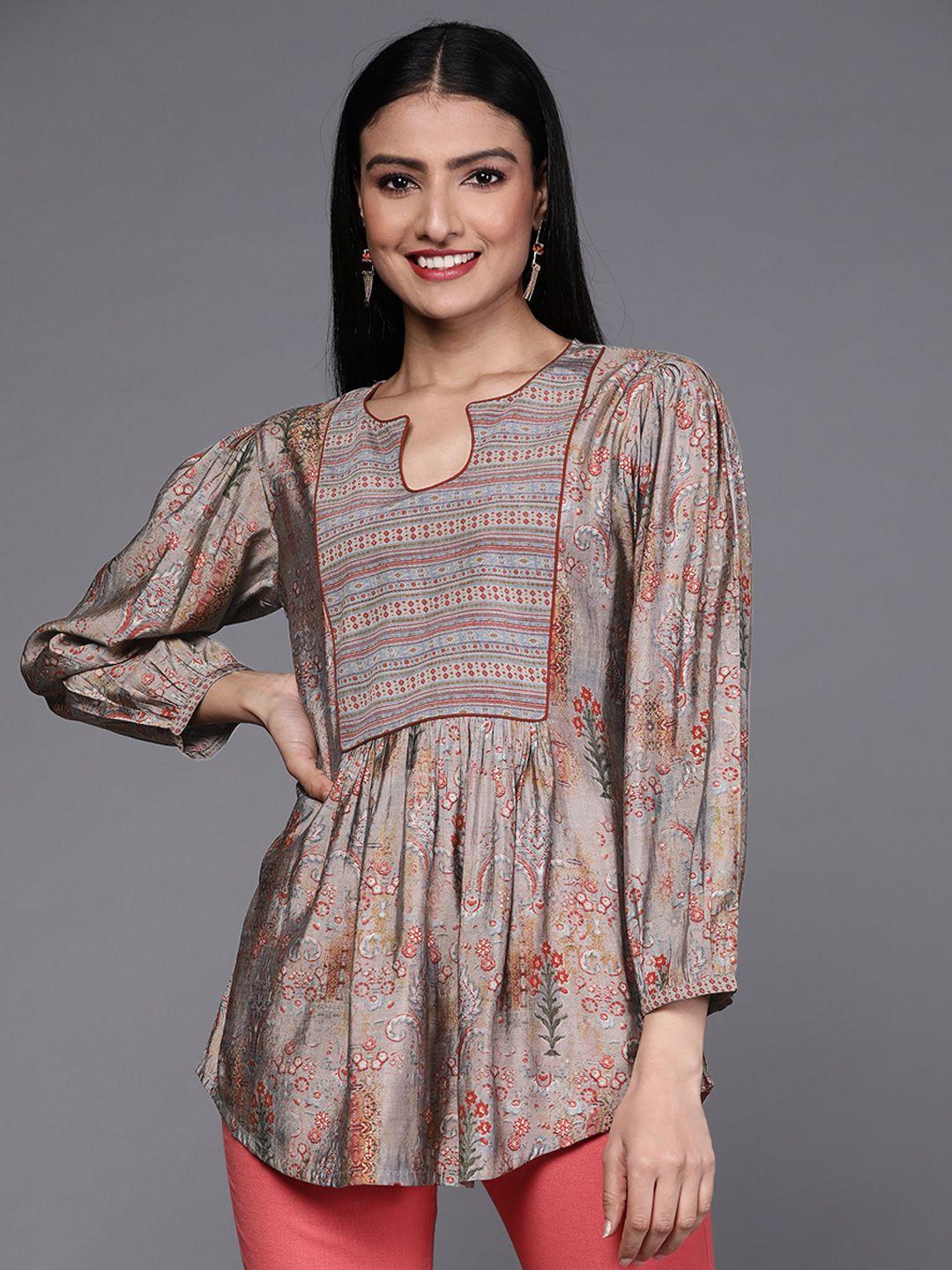 libas grey & red ethnic motifs printed pleated kurti