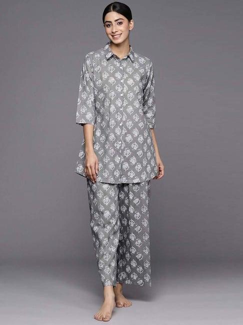 libas grey cotton printed tunic pyjamas set