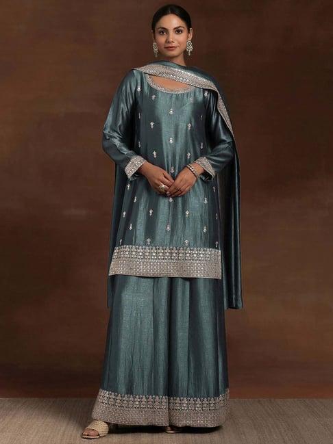 libas grey embroidered kurti palazzo set with dupatta