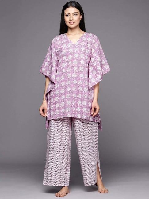 libas lavender cotton printed kaftan & pyjama set