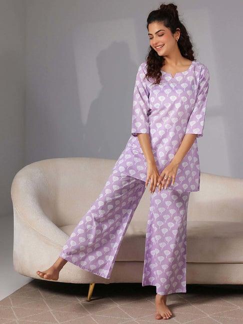 libas lavender cotton printed kurti & pyjama set