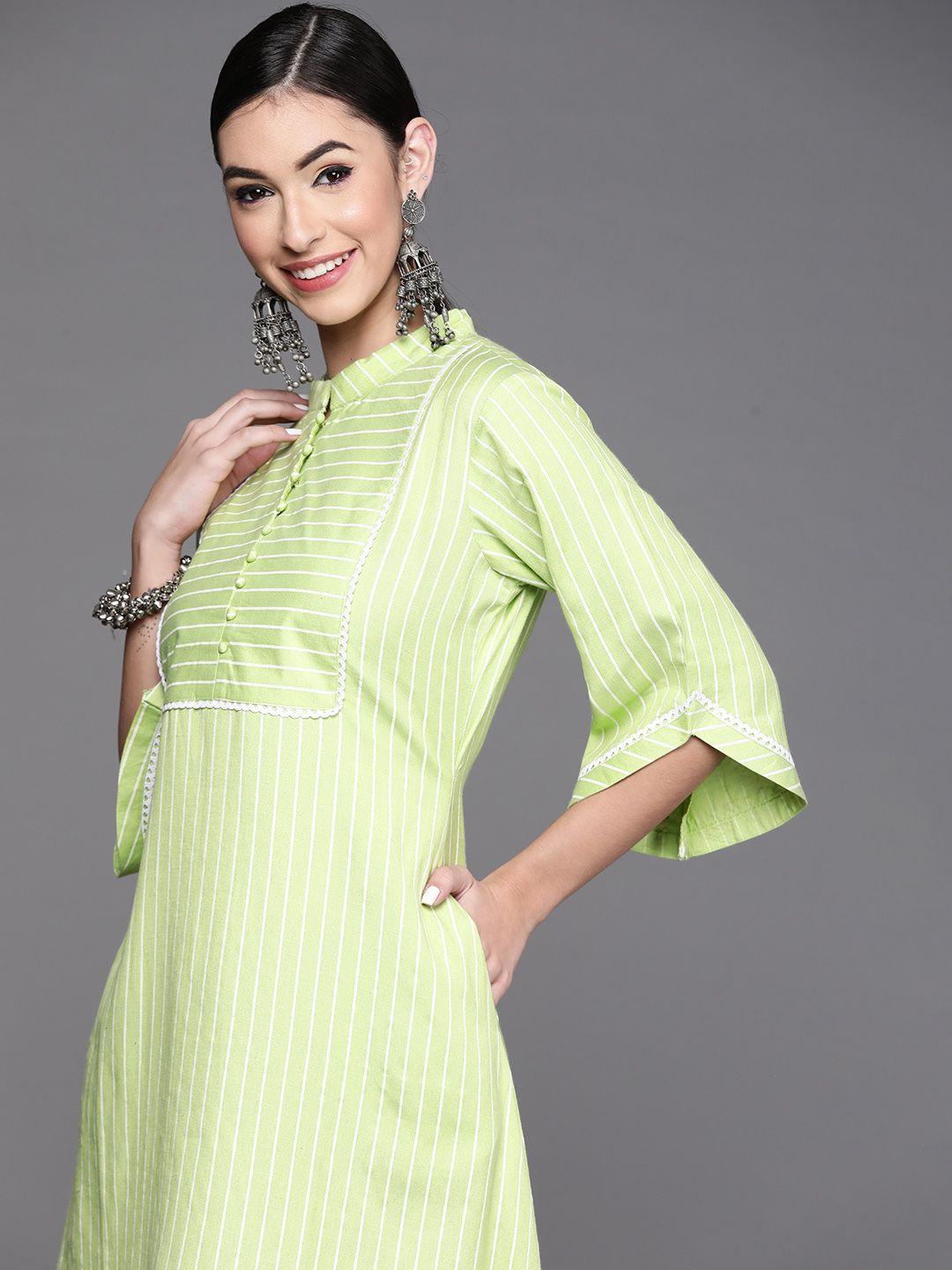 libas lime green striped ethnic cotton a-line midi dress