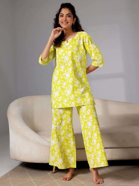 libas lime yellow cotton printed kurti & pyjama set