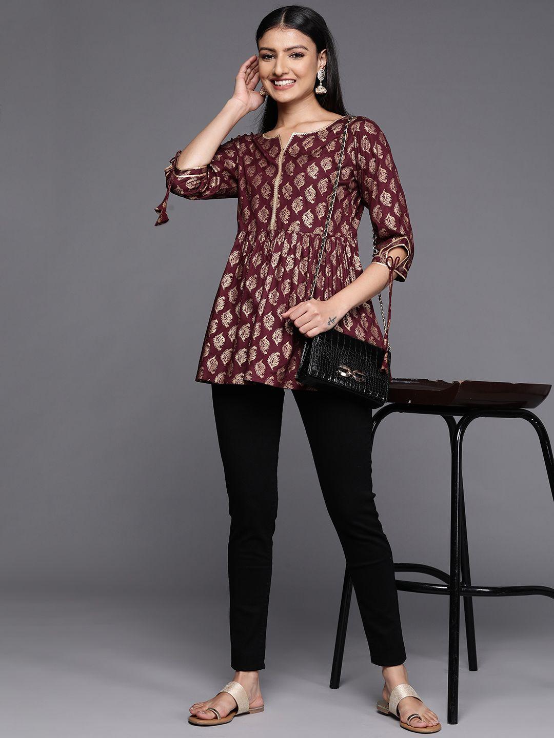 libas maroon & gold-toned ethnic motifs printed gotta patti pleated kurti